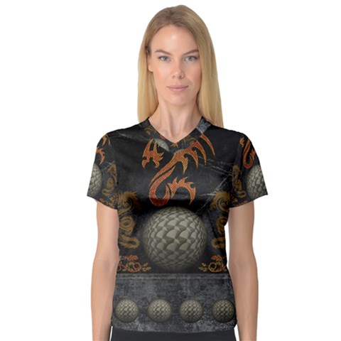 Awesome Tribal Dragon Made Of Metal V-neck Sport Mesh Tee by FantasyWorld7