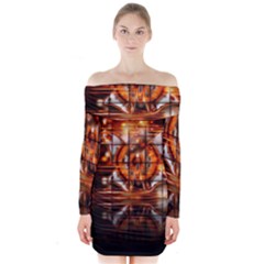 Butterfly Brown Puzzle Background Long Sleeve Off Shoulder Dress
