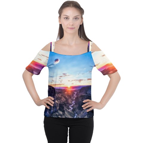 Iceland Landscape Mountains Stream Cutout Shoulder Tee by BangZart