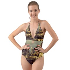 Singapore City Urban Skyline Halter Cut-out One Piece Swimsuit by BangZart