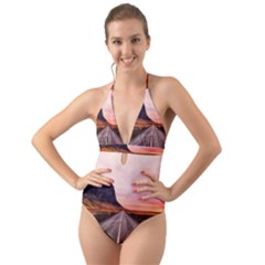 Iceland Sky Clouds Sunset Halter Cut-out One Piece Swimsuit by BangZart