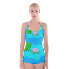Frog Flower Lilypad Lily Pad Water Boyleg Halter Swimsuit  by BangZart