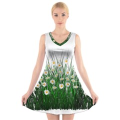 Spring Flowers Grass Meadow Plant V-neck Sleeveless Skater Dress by Celenk