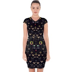 Merry Black Cat In The Night And A Mouse Involved Pop Art Capsleeve Drawstring Dress  by pepitasart