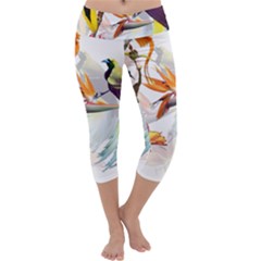 Exotic Birds Of Paradise And Flowers Watercolor Capri Yoga Leggings by TKKdesignsCo