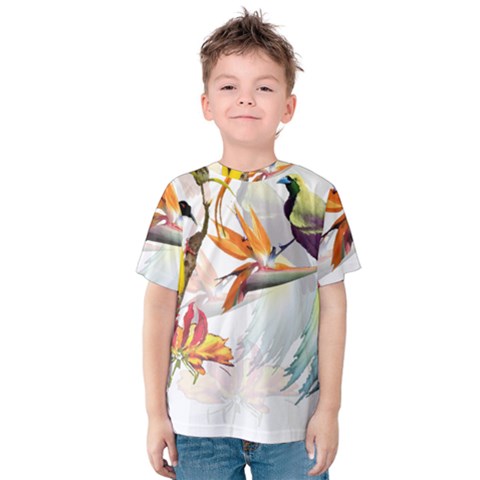 Exotic Birds Of Paradise And Flowers Watercolor Kids  Cotton Tee by TKKdesignsCo