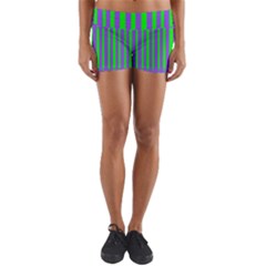 Bright Green Purple Stripes Pattern Yoga Shorts by BrightVibesDesign