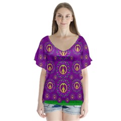 Peace Be With Us In Love And Understanding V-neck Flutter Sleeve Top by pepitasart