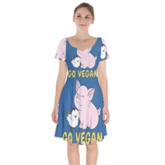 Go Vegan - Cute Pig And Chicken Short Sleeve Bardot Dress by Valentinaart