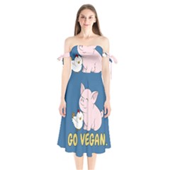 Go Vegan - Cute Pig And Chicken Shoulder Tie Bardot Midi Dress by Valentinaart