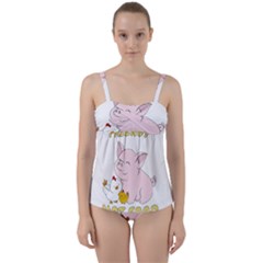 Friends Not Food - Cute Pig And Chicken Twist Front Tankini Set