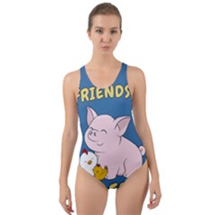Friends Not Food - Cute Pig And Chicken Cut-out Back One Piece Swimsuit by Valentinaart