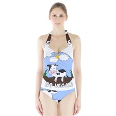 Friends Not Food - Cute Cow Halter Swimsuit by Valentinaart