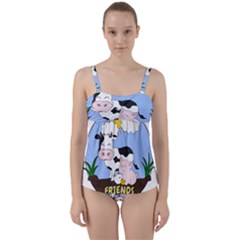 Friends Not Food - Cute Cow, Pig And Chicken Twist Front Tankini Set by Valentinaart