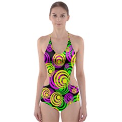 Bright Yellow Pink And Green Neon Circles Cut-out One Piece Swimsuit by PodArtist
