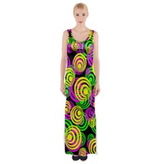 Bright Yellow Pink And Green Neon Circles Maxi Thigh Split Dress by PodArtist