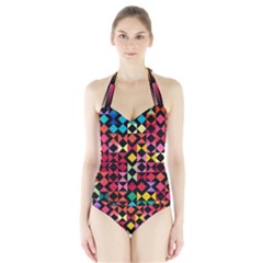 Colorful Rhombus And Triangles                                Women s Halter One Piece Swimsuit by LalyLauraFLM