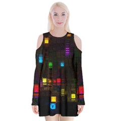 Abstract 3d Cg Digital Art Colors Cubes Square Shapes Pattern Dark Velvet Long Sleeve Shoulder Cutout Dress by Sapixe