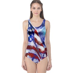American Flag Red White Blue Fireworks Stars Independence Day One Piece Swimsuit by Sapixe