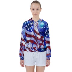 American Flag Red White Blue Fireworks Stars Independence Day Women s Tie Up Sweat by Sapixe