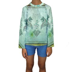 Music, Decorative Clef With Floral Elements Kids  Long Sleeve Swimwear by FantasyWorld7