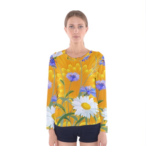 Flowers Daisy Floral Yellow Blue Women s Long Sleeve Tee by Simbadda