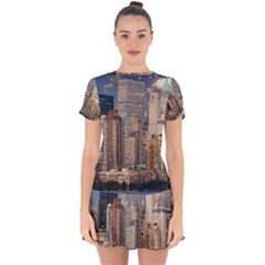 New York Skyline Manhattan Hudson Drop Hem Mini Chiffon Dress by Simbadda