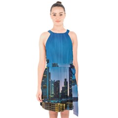Frankfurt Germany Panorama City Halter Collar Waist Tie Chiffon Dress by Simbadda