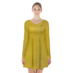 Yellow Alligator Skin Long Sleeve Velvet V-neck Dress by LoolyElzayat