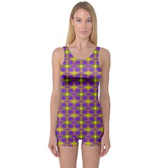 Purple Yellow Swirl Pattern One Piece Boyleg Swimsuit by BrightVibesDesign