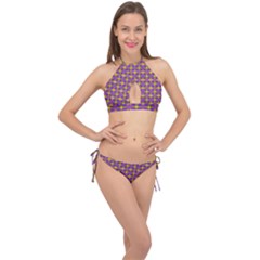 Purple Yellow Swirl Pattern Cross Front Halter Bikini Set by BrightVibesDesign