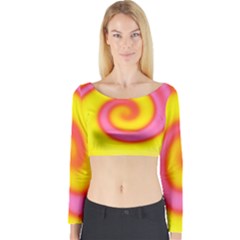 Swirl Yellow Pink Abstract Long Sleeve Crop Top by BrightVibesDesign