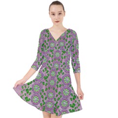 Ivy And  Holm Oak With Fantasy Meditative Orchid Flowers Quarter Sleeve Front Wrap Dress by pepitasart