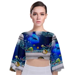 Dolphin Art Creation Natural Water Tie Back Butterfly Sleeve Chiffon Top by Sapixe