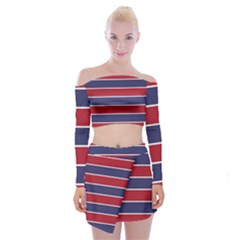 Large Red White And Blue Usa Memorial Day Holiday Horizontal Cabana Stripes Off Shoulder Top With Mini Skirt Set by PodArtist