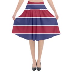 Large Red White And Blue Usa Memorial Day Holiday Horizontal Cabana Stripes Flared Midi Skirt by PodArtist