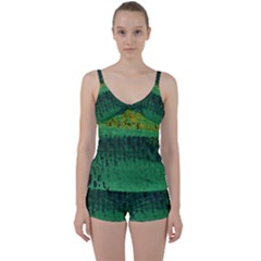 Green Fabric Textile Macro Detail Tie Front Two Piece Tankini by Sapixe