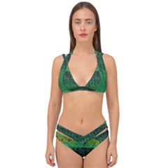 Green Fabric Textile Macro Detail Double Strap Halter Bikini Set by Sapixe