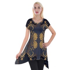Beautiful Black And Gold Seamless Floral  Short Sleeve Side Drop Tunic by flipstylezfashionsLLC