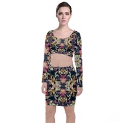 Beautiful Seamless Brown Tropical Flower Design  Long Sleeve Crop Top & Bodycon Skirt Set by flipstylezfashionsLLC