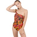 Orange, yellow cotoneaster leaves in autumn Frilly One Shoulder Swimsuit View1