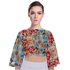 Hipster Triangles And Funny Cats Cut Pattern Tie Back Butterfly Sleeve Chiffon Top by EDDArt