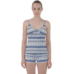 Native American Ornaments Watercolor Pattern Blue Tie Front Two Piece Tankini by EDDArt