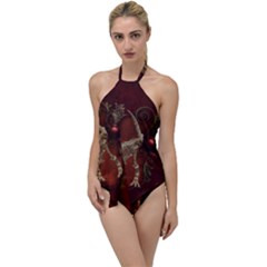 Awesome T Rex Skeleton, Vintage Background Go With The Flow One Piece Swimsuit by FantasyWorld7