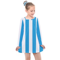 Oktoberfest Bavarian Blue And White Large Cabana Stripes Kids  Long Sleeve Dress by PodArtist