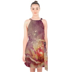Wonderful Roses With Butterflies And Light Effects Halter Collar Waist Tie Chiffon Dress by FantasyWorld7