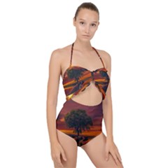 Wonderful Fantasy Sunset Wallpaper Tree Scallop Top Cut Out Swimsuit