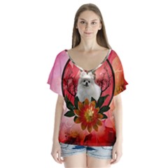 Cute Pemeranian With Flowers V-neck Flutter Sleeve Top by FantasyWorld7