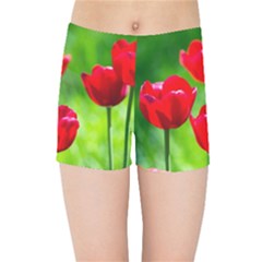 Red Tulip Flowers, Sunny Day Kids Sports Shorts by FunnyCow