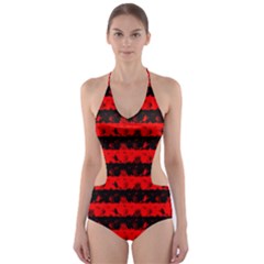 Red Devil And Black Halloween Nightmare Stripes  Cut-out One Piece Swimsuit by PodArtist